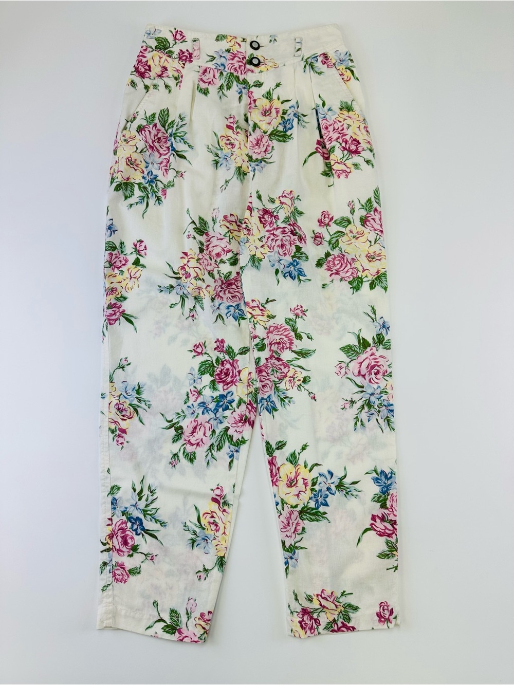 90s Vintage Floral Cottagecore Cotton Pants High Waisted Womens Small Retro Fit